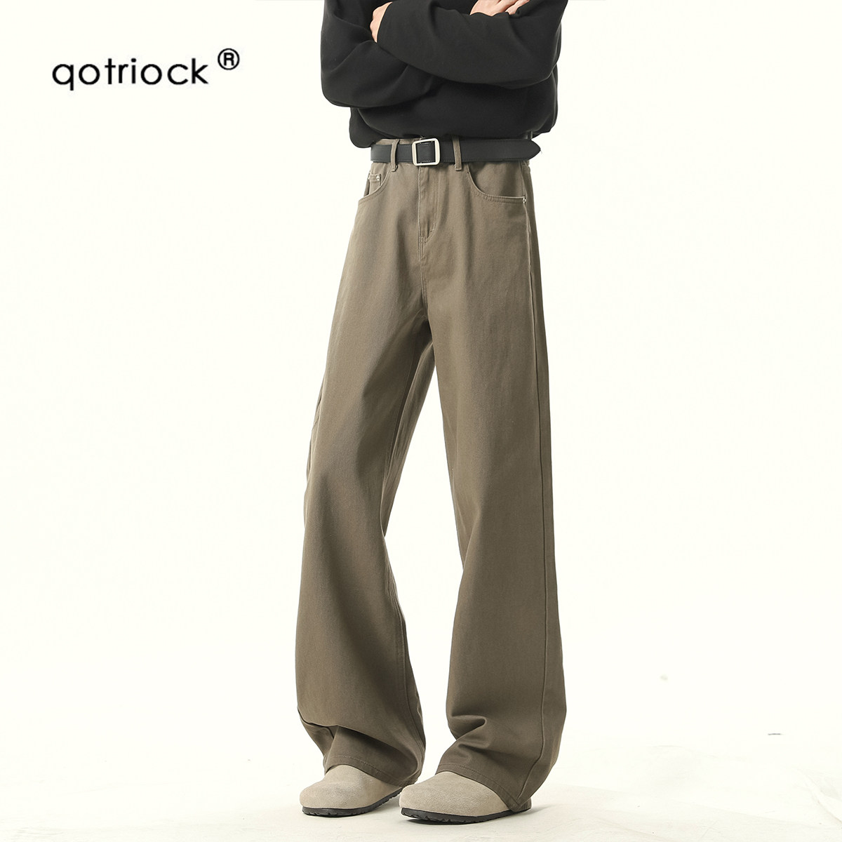 QOTRIOCK美式棕色弯刀牛仔裤男春图片