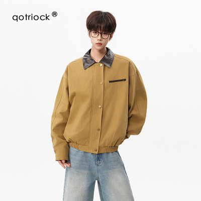 QOTRIOCK巴恩风撞色拼接皮领夹克