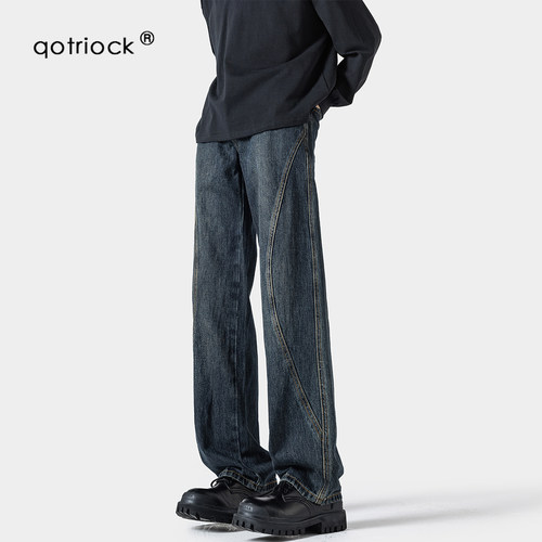 QOTRIOCK美式复古拼接牛仔裤男秋