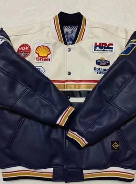 适用乐福门Rothmans联名款复古机车皮衣防水防摔保暖摩托车骑行服