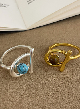 虎眼石绿松石几何哑光金属戒指女设计感个性独特精致时尚指环戒子