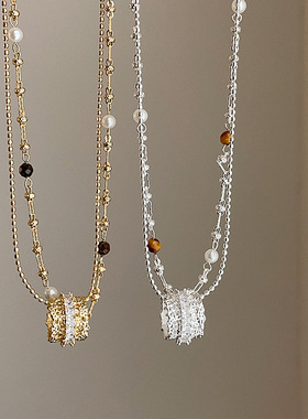 双层虎眼石珍珠锆石圈圈项链女轻奢气质百搭时尚颈链锁骨链毛衣链