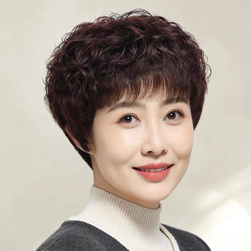 假发女中老年妈妈款真人发丝短卷发时尚遮白发全头套自然日常整顶