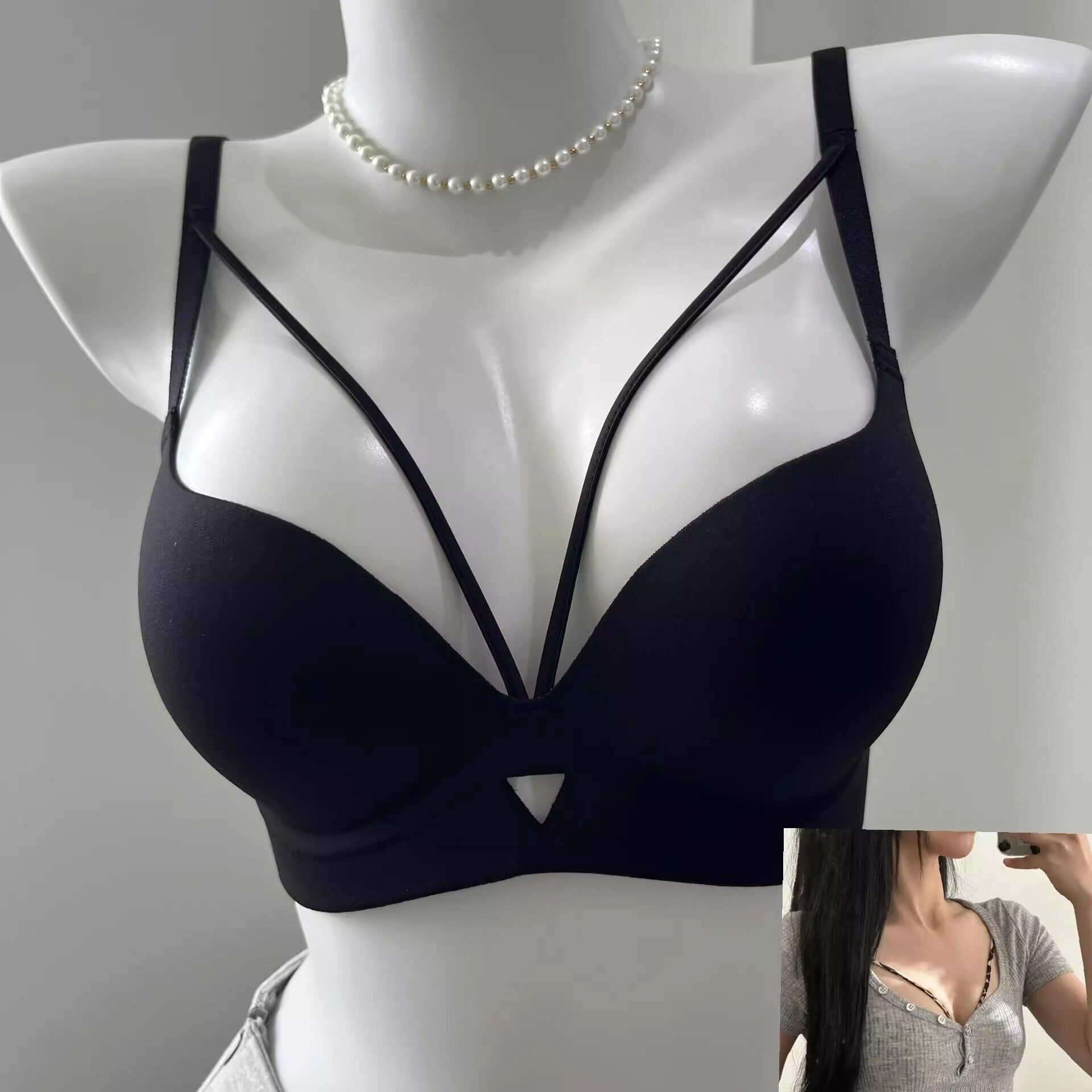 黑色纯欲性感交叉内衣女聚拢小胸收副乳防下垂调整型无钢圈文胸罩