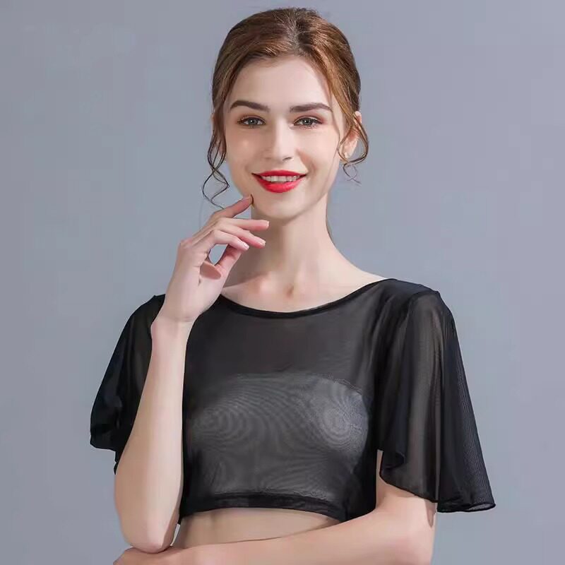 2025春夏季新款女士超薄透视冰丝网纱圆领半截蝙飞飞短袖罩衫上衣