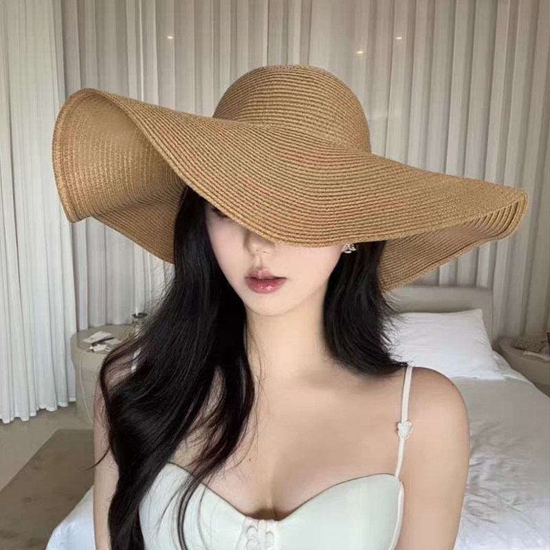 赫本风加大帽檐法式草编遮阳帽女式夏海边度假风草编防晒太阳帽子
