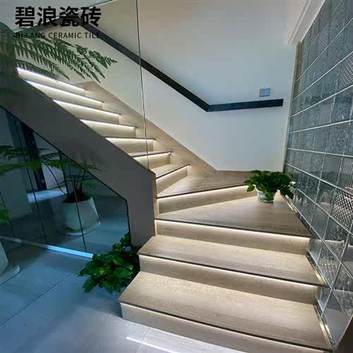 大理石木纹楼梯踏步梯级地砖别墅公寓室外台阶一体式防滑瓷砖哑光