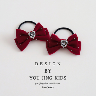 红色儿童丝绒发圈女童新年蝴蝶结发绳皮筋爱心闪钻头绳小女孩头饰