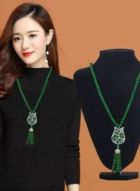 富贵绿色郁金香花朵毛衣链2025款轻奢小众高级感长款配饰潮项链