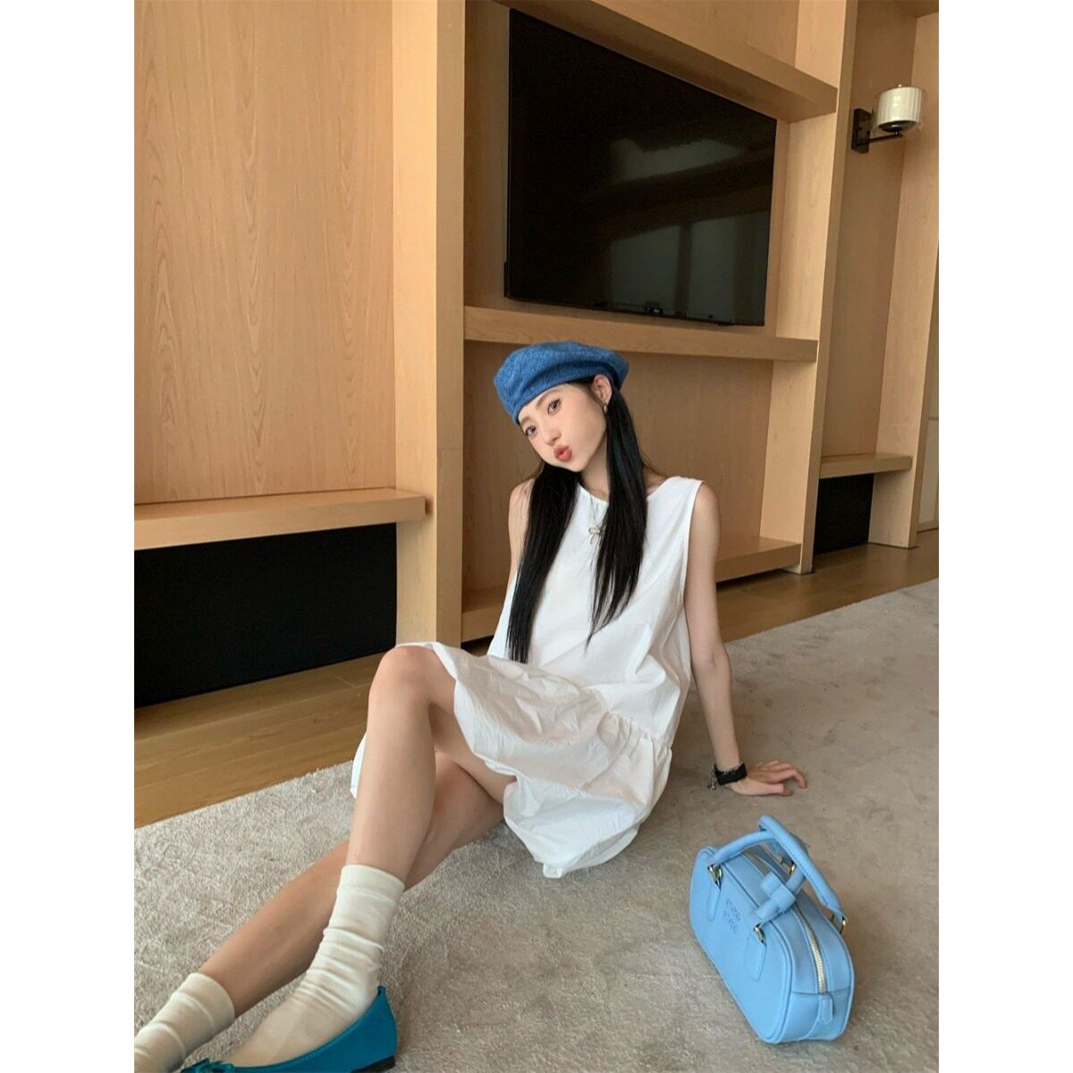 韩系白色无袖背心连衣裙女夏季温柔风气质裙子小个子宽松花苞短裙