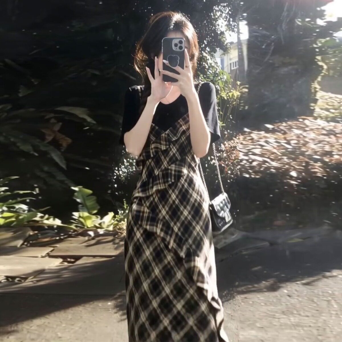 格纹假两件连衣裙女夏季新款法式长裙子巨好看春夏小个子收腰ins