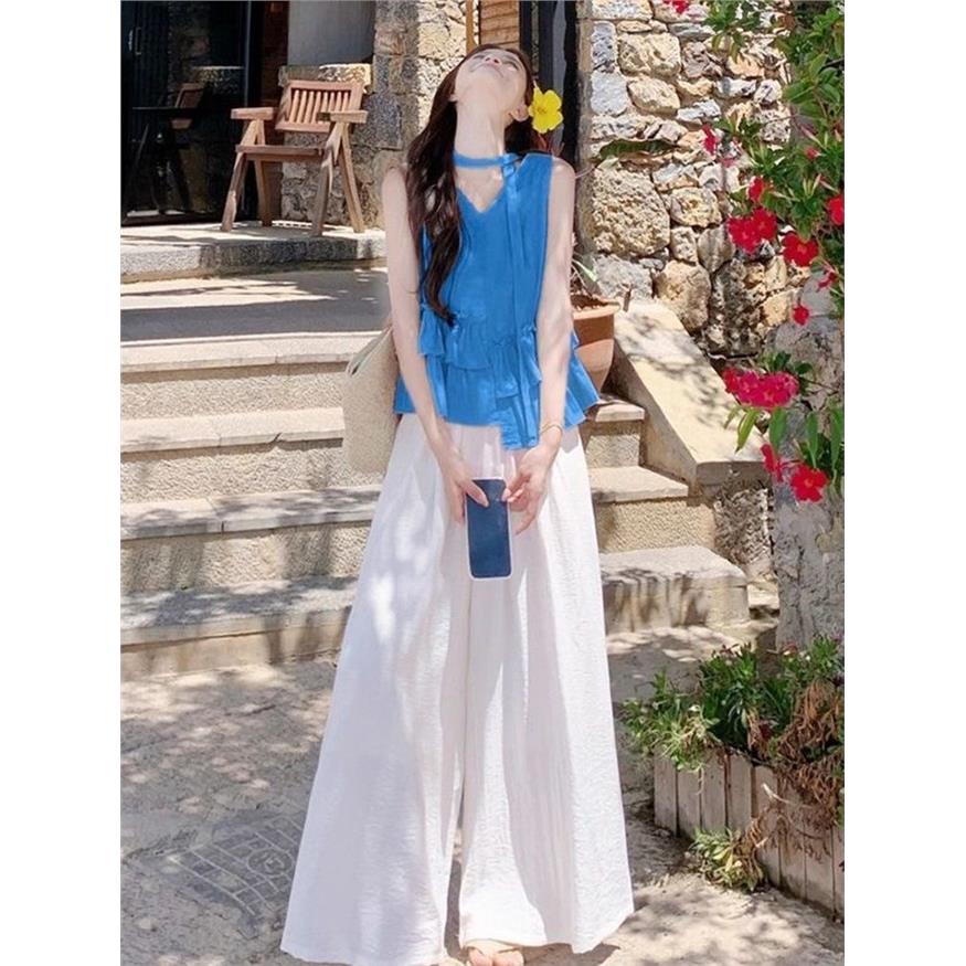 法式蓝色领吊带背心女夏