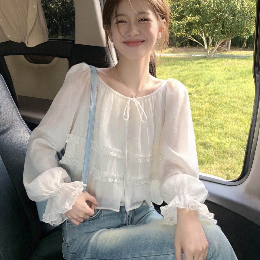 实价已保护 法式温柔风木耳边圆领系带长袖衬衫女秋季超仙娃娃衫