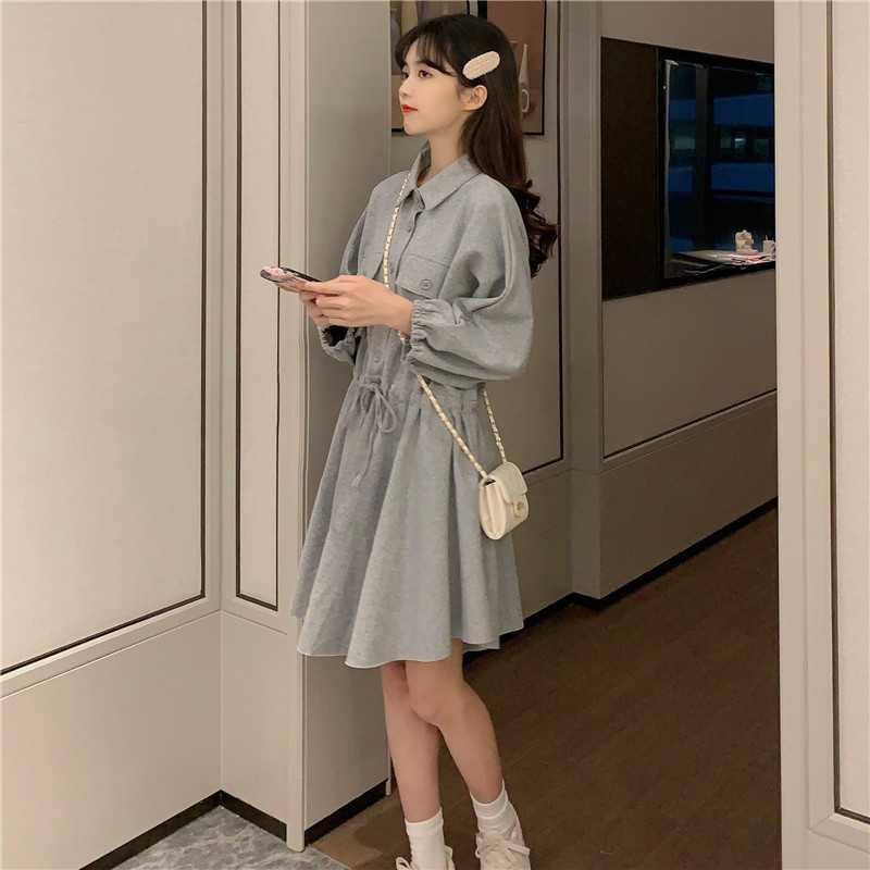 春款POLO领长袖连衣裙女秋季2026韩版抽绳收腰显瘦小个子A字裙子