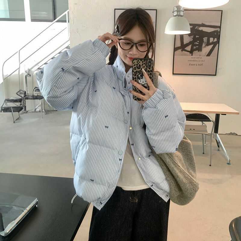 日韩风条纹蝴蝶结棉服冬季新款设计感百搭加厚保暖外套蓝色潮