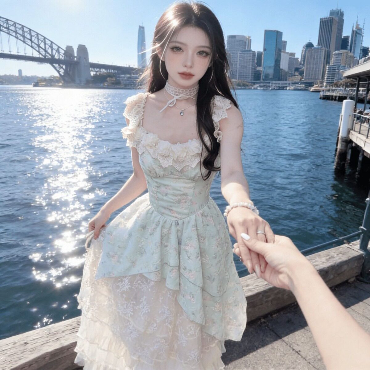 梦幻少女明媚活力浅绿色碎花裙女高级贵气感小香风网纱蕾丝蛋糕裙