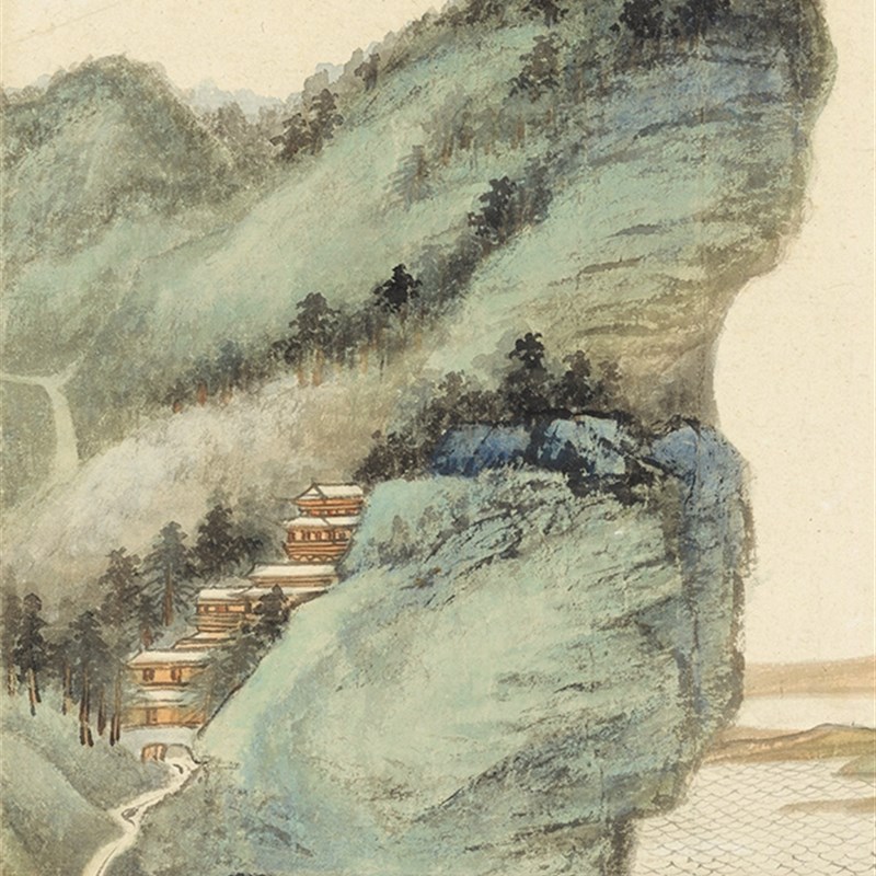 近代张大千山水楼阁图原大挂轴画稿仿古字画高清原作版画微喷卷轴