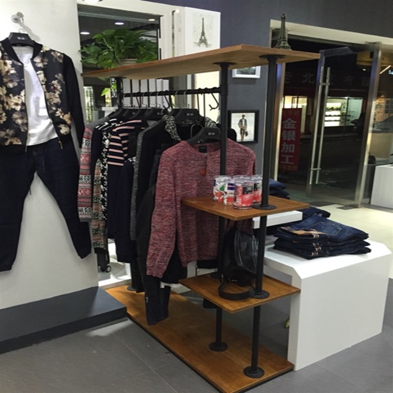 铁艺复古服装店展示架落地式货架组合服装架子实木挂衣架正挂侧挂