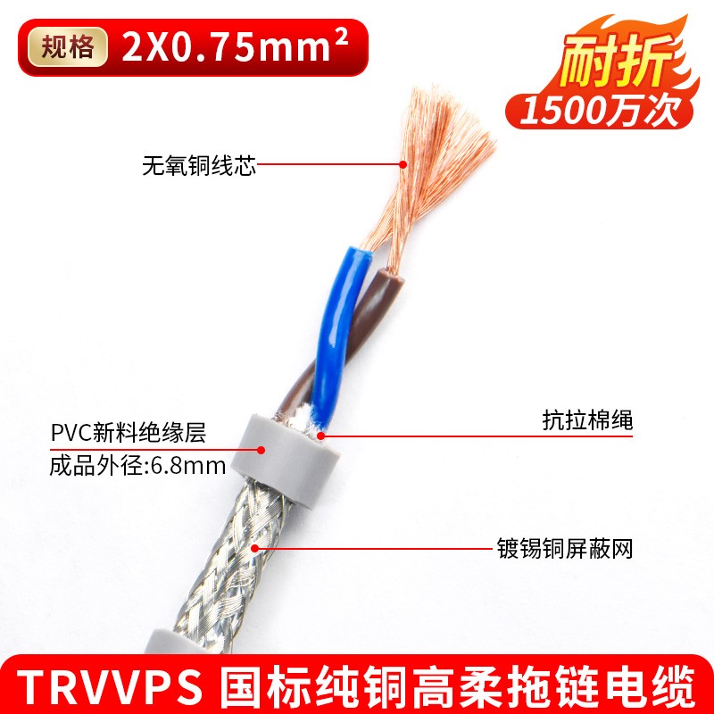 高柔性拖链电缆线2 4 6 8 10芯0.2 0.3 0.5平方TRVVPS双绞屏蔽线