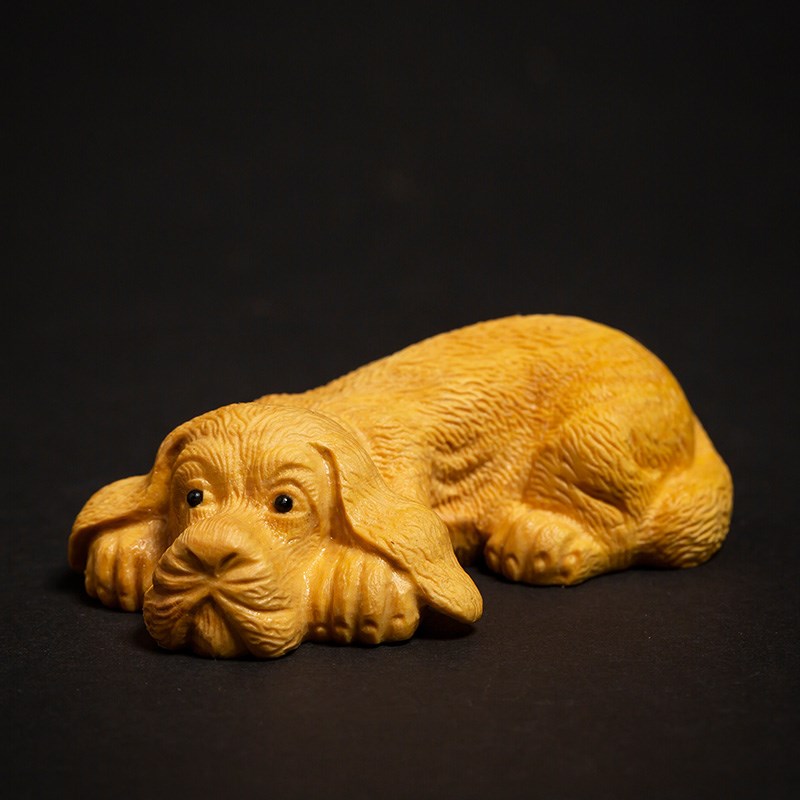 木雕创意实木把玩文玩手把件男雕刻工艺品黄杨木可爱生肖小狗摆件