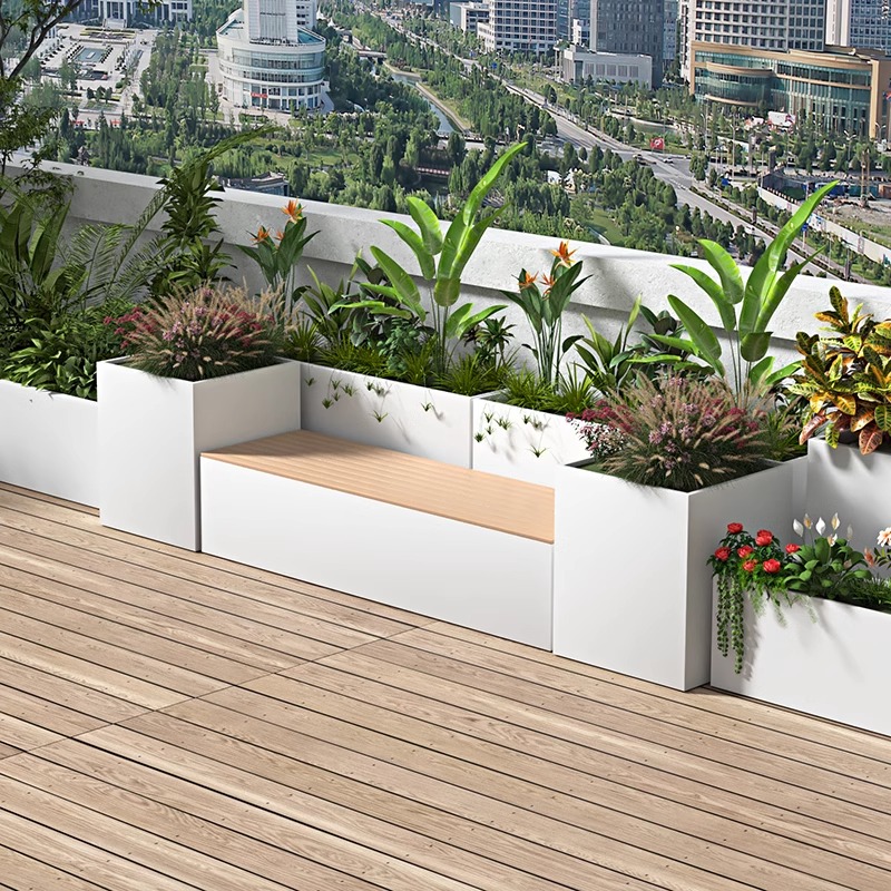 铁艺不锈钢花箱阳台庭院户外成品移动圆形花盆坐凳组合隔断可定制