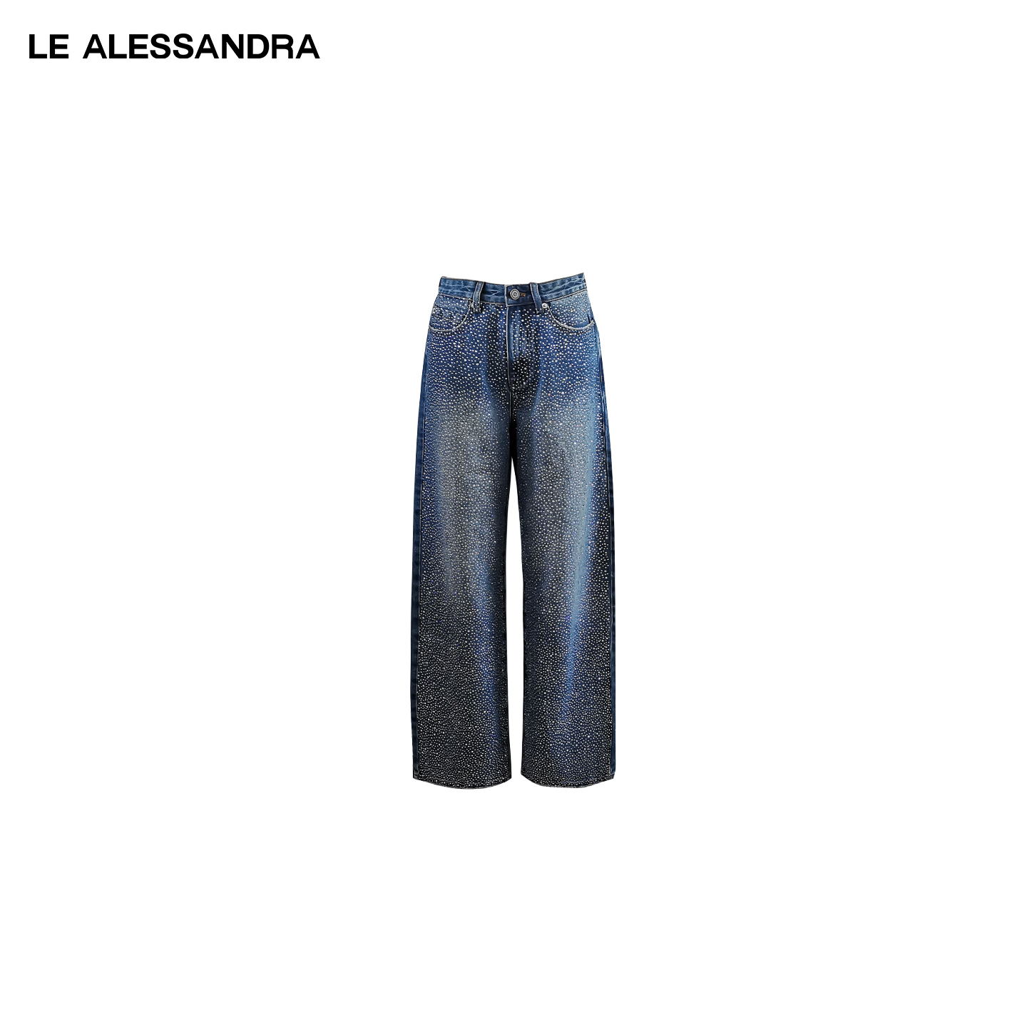 品牌直营 LE ALESSANDRA Crystal满天星闪钻直筒刺绣牛仔长裤