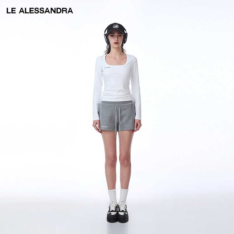 品牌直营 LE ALESSANDRA 方领褶皱LOGO长袖T恤柔滑棉质上衣内搭