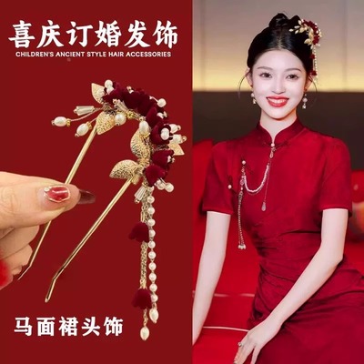 新中式红色绒花流苏发簪子女
