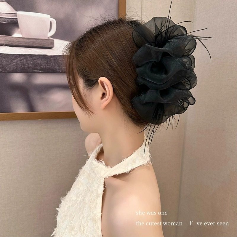 羽毛泡泡纱蝴蝶结发饰发夹女后脑勺棉花糖抓夹鲨鱼夹子头饰大发卡