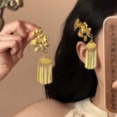 新中式 金色花朵流苏发夹女古风侧边夹刘海碎发夹新娘订婚发饰头饰