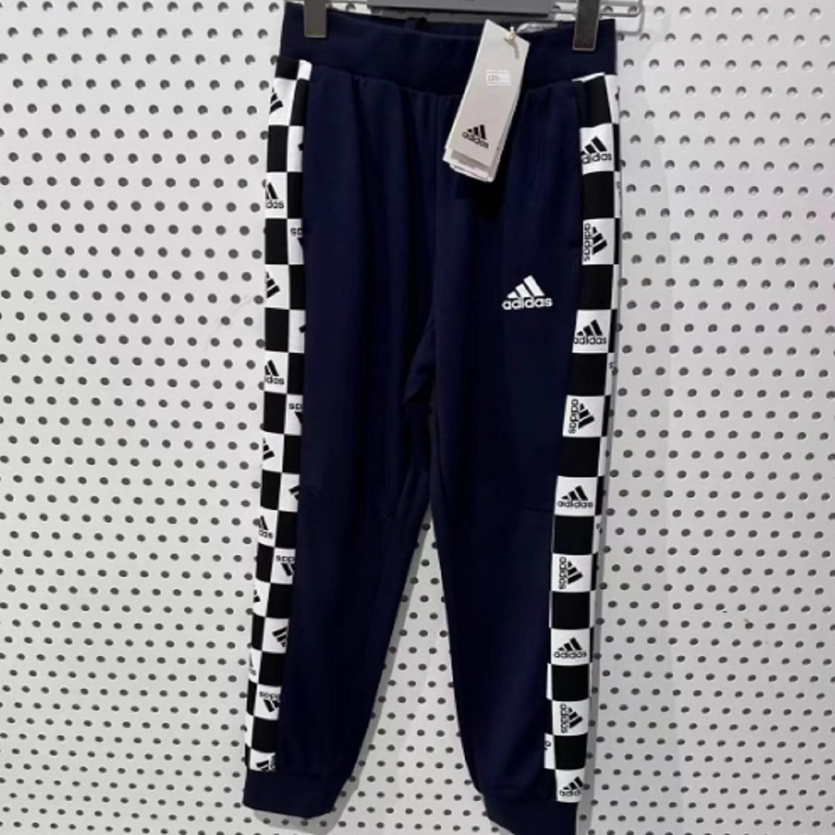 Adidas阿迪达斯男小童棋盘格印花束脚休闲卫裤运动长裤HM5197