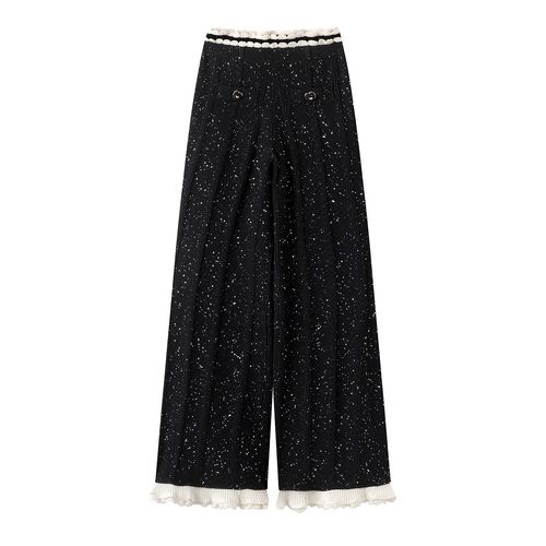 秋冬新款时尚荷叶边拼接针织长裤