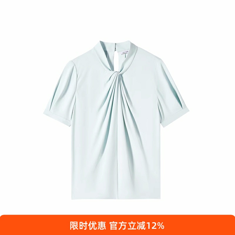 扭结v领短袖白色衬衫通勤上衣