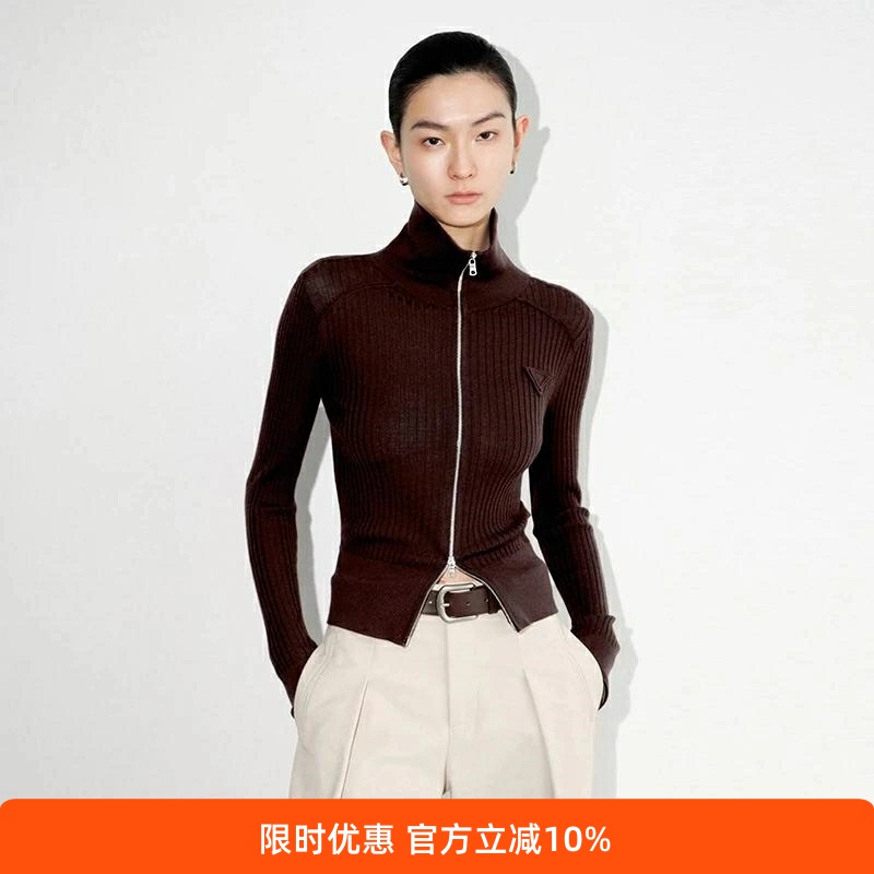 高领修身翻领拉链针织开衫女