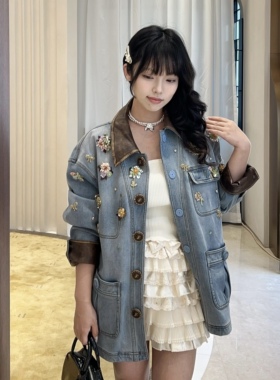 2025冬季新款廓形拉菲花朵珠饰飞牛仔棉服上衣姆中长款25D21NC030