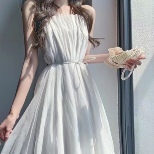 温柔风茶歇复古桔梗初恋白色吊带长裙连衣裙子女夏小清新甜美 法式