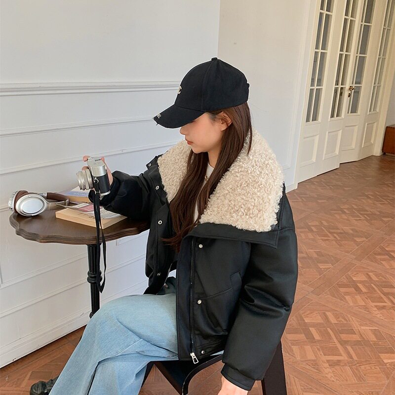 2025新款百搭小羊皮棉衣女短款羊羔毛羽绒棉服冬季翻毛领棉衣