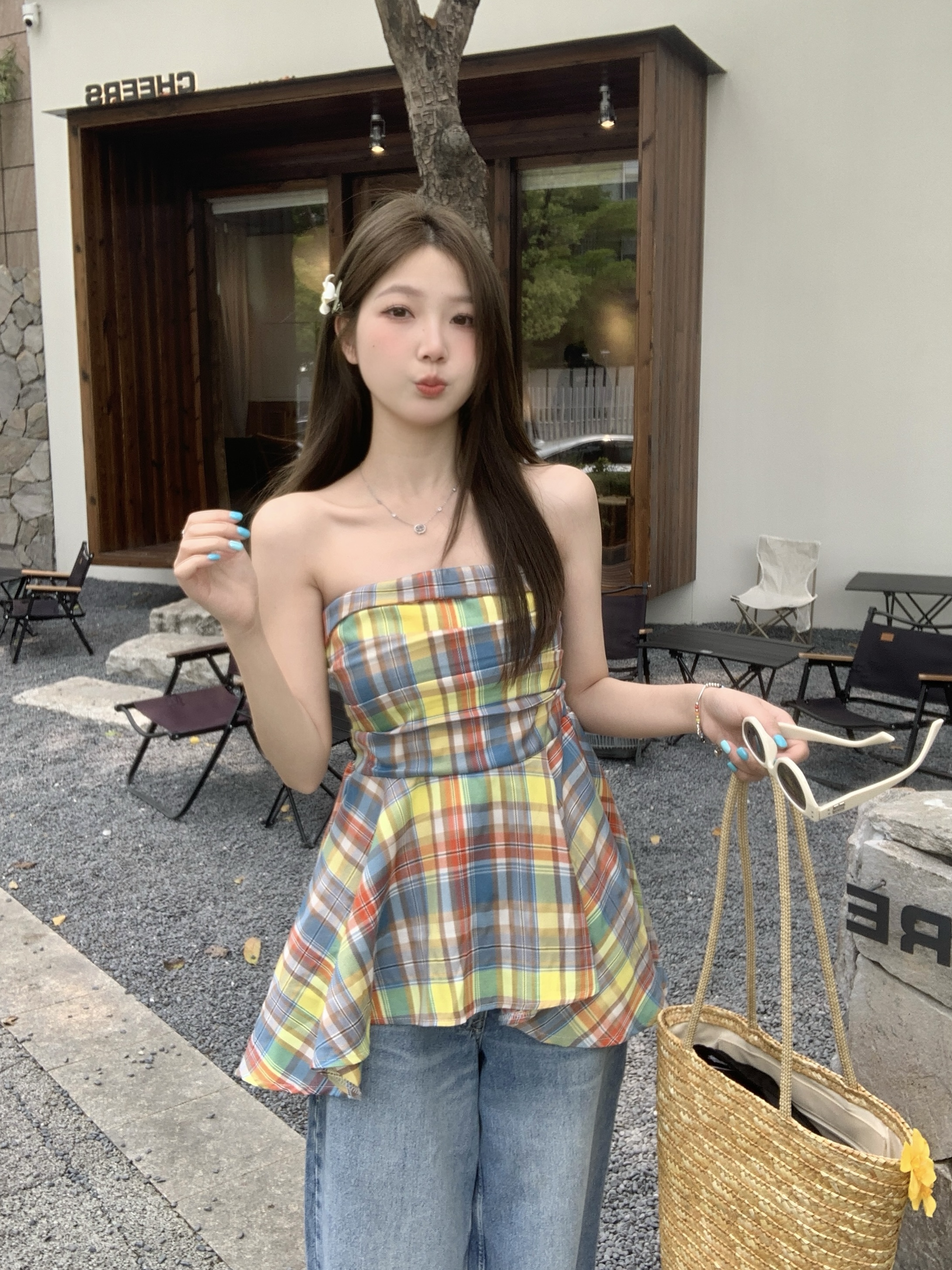 实拍 大码胖MM夏季新款设计感撞色格子上衣不规则修身显瘦抹胸