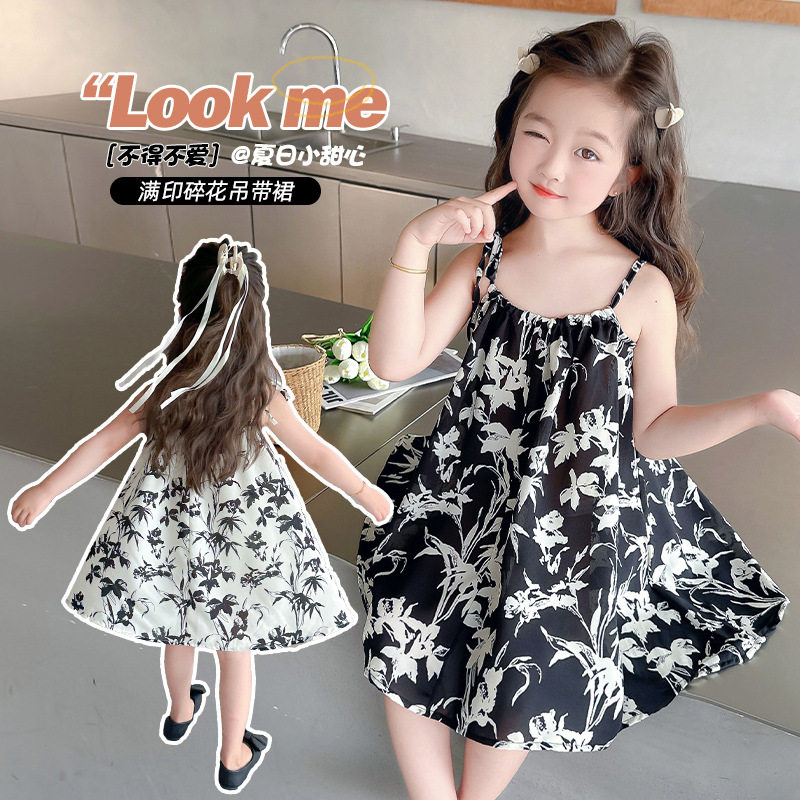 女童连衣裙2025夏季新款无袖女宝夏天海边裙子儿童水墨画吊带裙