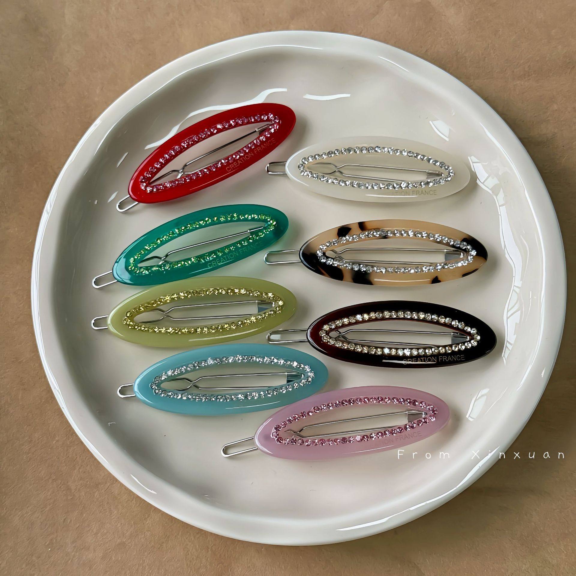 韩国复古彩钻镂空椭圆醋酸刘海夹小众设计感侧边碎发夹百搭发卡