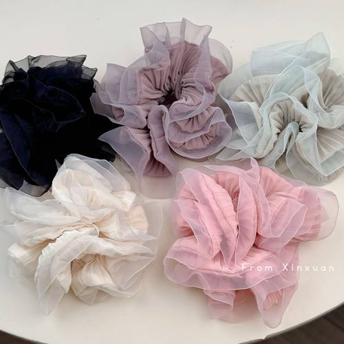 法式木耳边褶皱荷叶边大肠发圈高级感欧根纱质感马尾发饰发绳新款