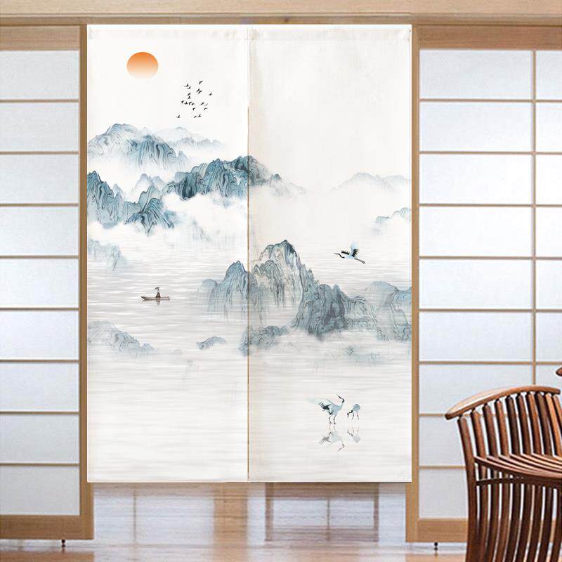 中式门帘隔断帘水墨山水画玄关半截布艺帘子卧室书房书柜自粘防尘