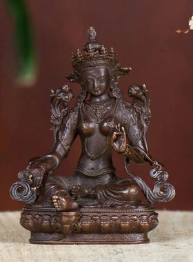 藏村 绿度母铜像现代桌面摆件台湾精工铜仿古随身小铜像7cm