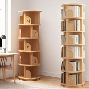 360度旋转书架实木落地绘本架靠墙网红圆形立体旋转书架360度书柜