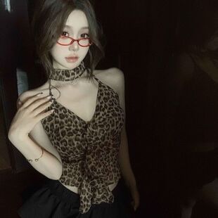 美式辣妹豹纹露背挂脖吊带小背心女夏季紧身内搭短款外穿性感上衣
