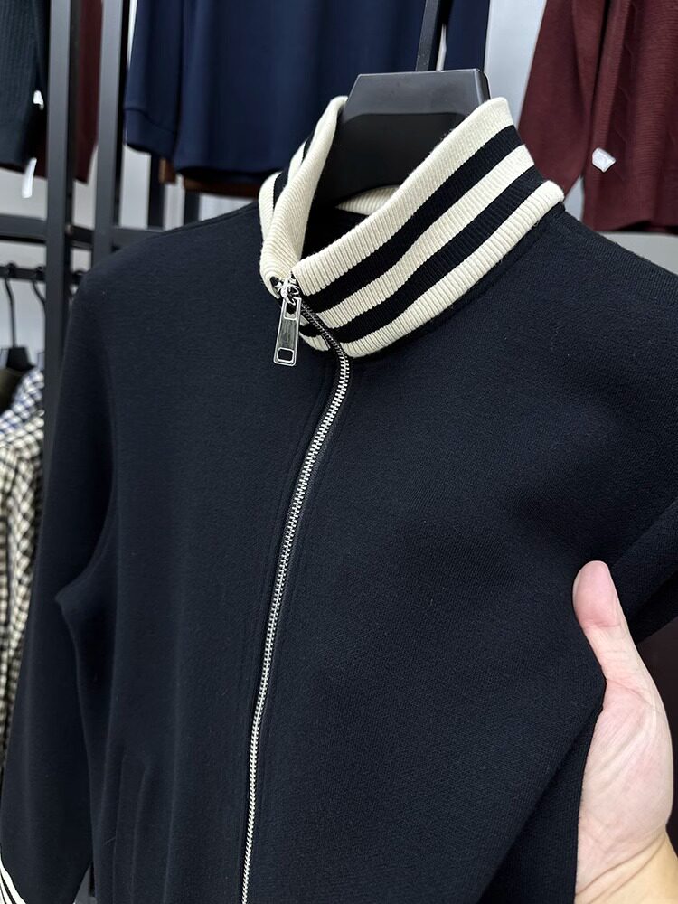 时尚保暖兼备!立领拉炼外套男秋冬季加厚保暖碰色条纹休闲夹克