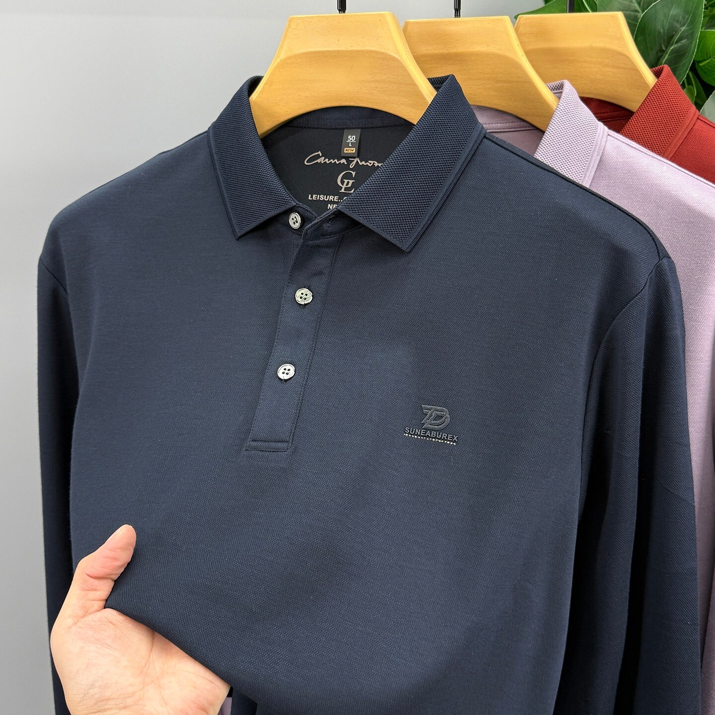 rcbb~显白又高级!轻奢翻领长袖t恤男春秋新款纯色百搭休闲polo衫