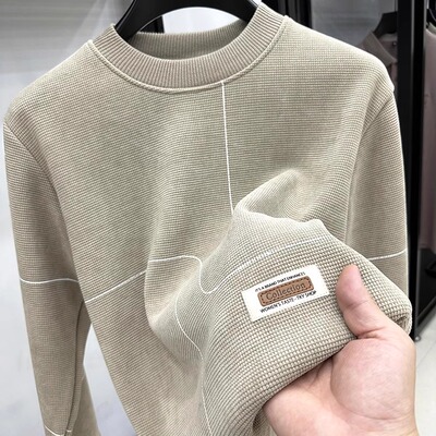 卓越品质！格纹圆领卫衣男秋冬季加绒加厚保暖套头毛衣抓绒针织衫