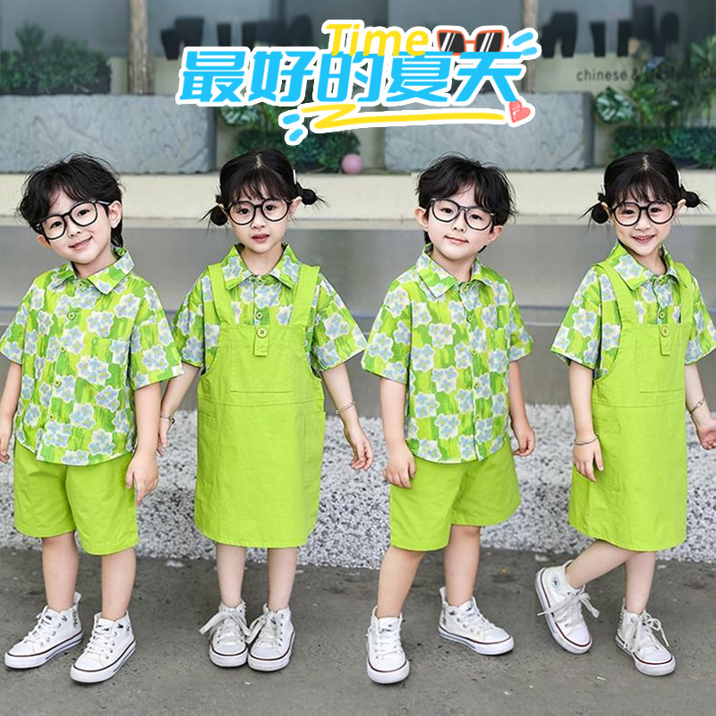 儿童夏季套装2025新款港风男女童兄妹姐弟装衬衫背带裤两件演出服