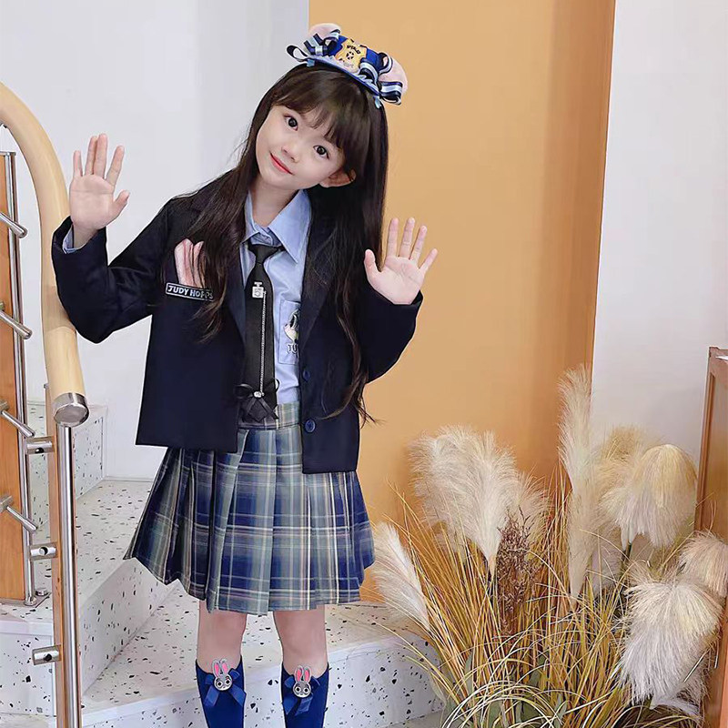 女童朱迪JK制服套装裙春秋新款儿童学院风西装衬衫百褶裙三件套潮